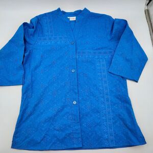 Denim & Co Cotton Eyelet Blue Button-Down Top Tunic Sz M Embroidered 3/4 Sleeve